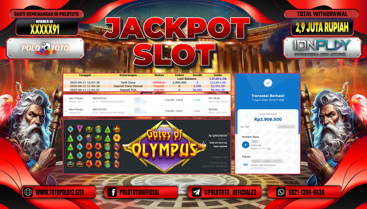 POLOTOTO JACKPOT SLOT GATES OF OLYMPUS Rp.2.900.000,-