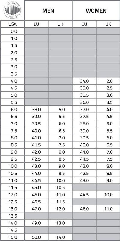 Palladium Boots Size Chart