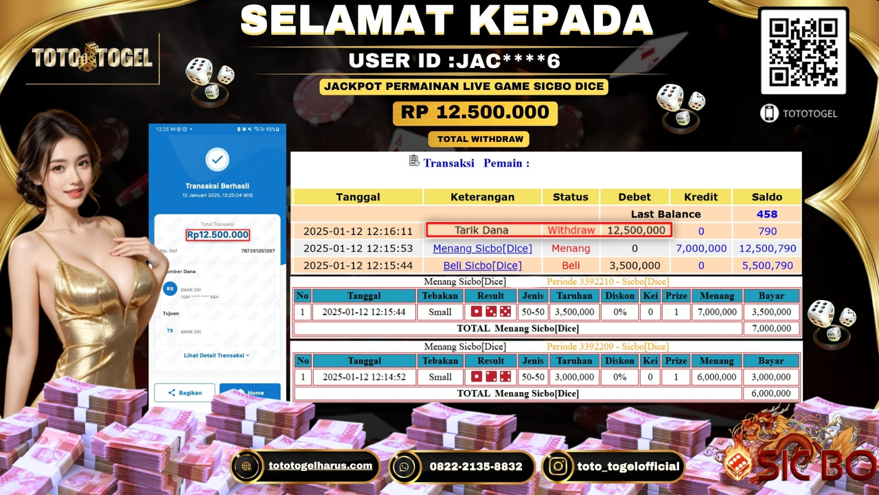 Bukti Pembayaran Jackpot  Permainan Live Game Sicbo Dice  :JAC****6  LUNAS