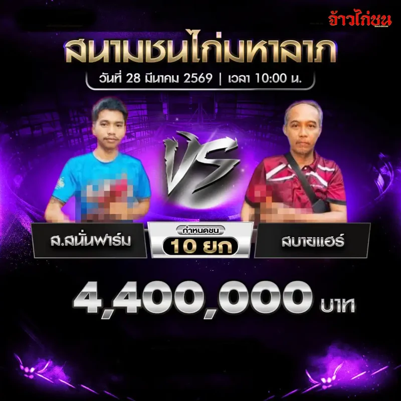 โปรแกรมไก่ชน คู่ ส.สนั่นฟาร์ม พบ สบายแฮร์ วันที่ 28 มีนาคม 2569