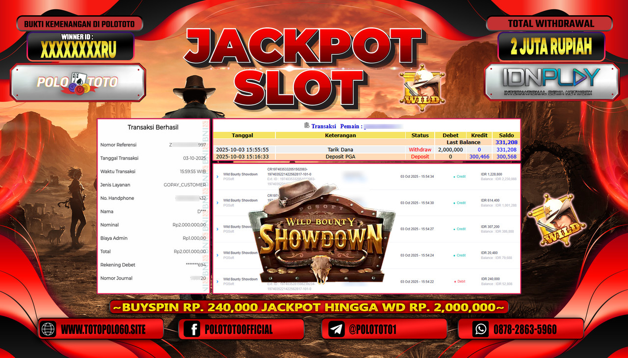 POLOTOTO JACKPOT SLOT WILD BOUNTY SHOWDOWN Rp.2.000.000,- LUNAS