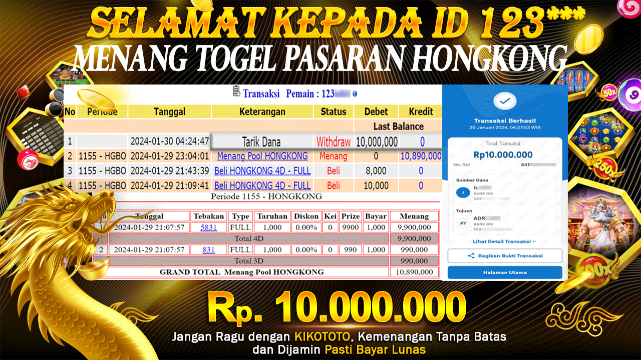 LAGI - LAGI !! MENANG  DI TOGEL PASARAN HONGKONG SEBESAR Rp 10,000,000 LANGSUNG DAN TANPA BASA BASI DI BAYAR KIKOTOTO !!!