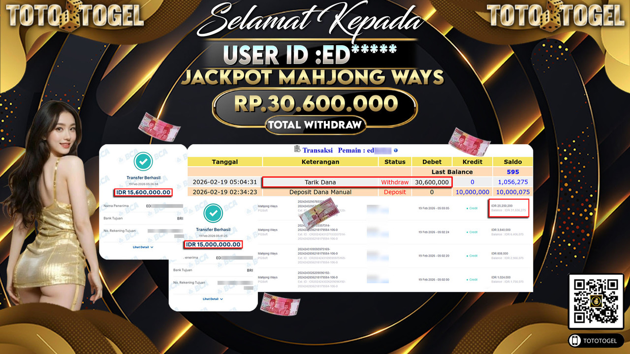 Bukti Pembayaran Jackpot Permainan Slot Mahjong Ways ID:ED*****LUNAS