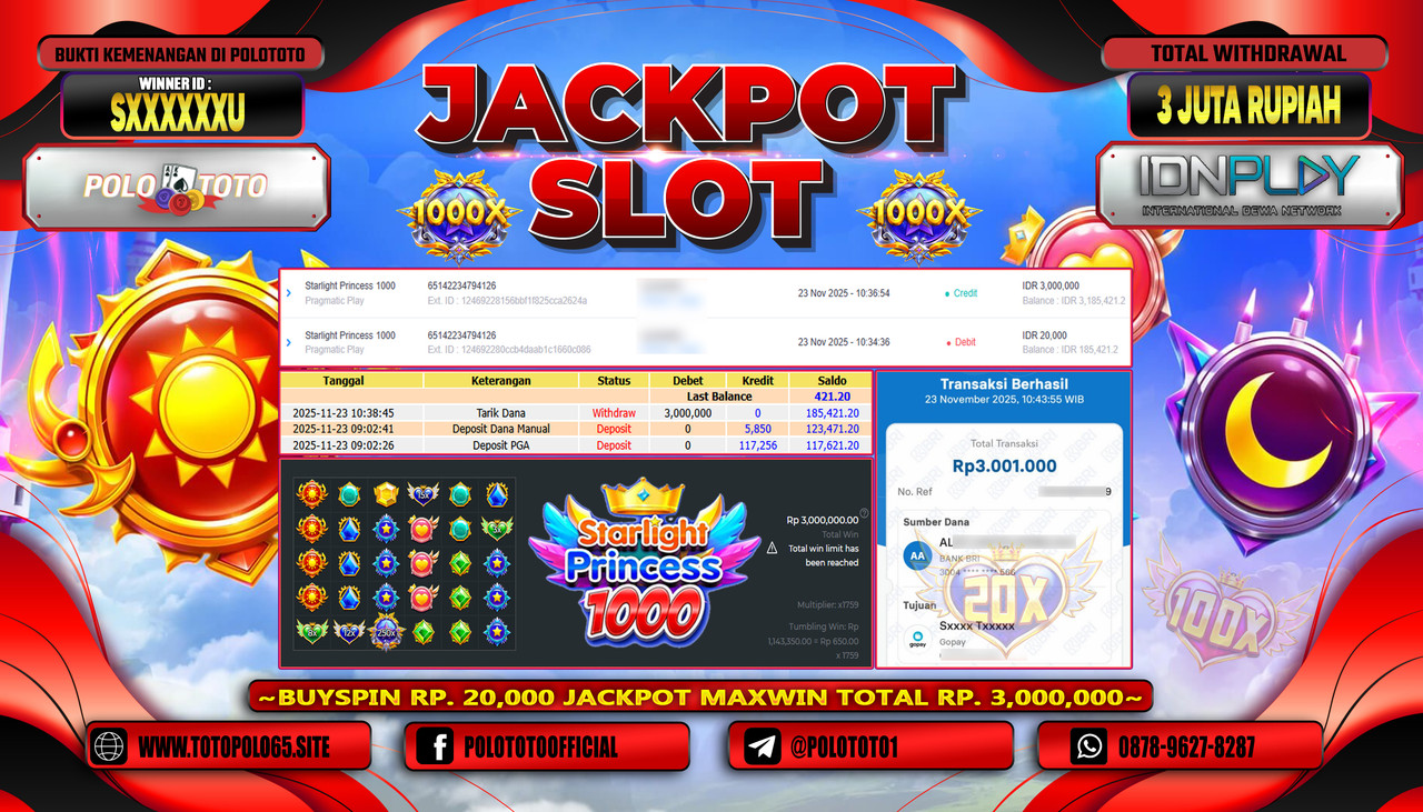 POLOTOTO JACKPOT SLOT STARLIGHT PRINCESS 1000 Rp.3.000.000,- LUNAS