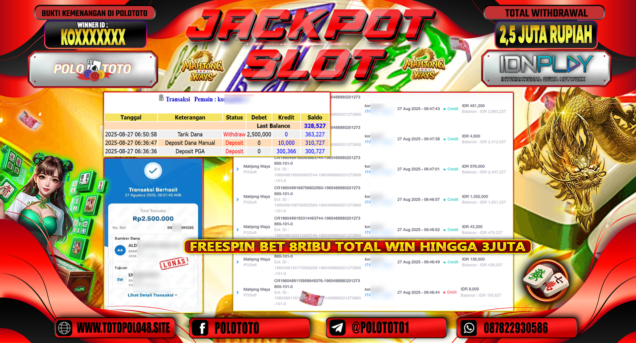 POLOTOTO JACKPOT SLOT MAHJONG WAYS Rp.2.500.000,-