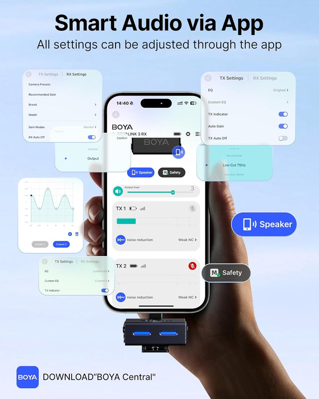 ميكروفون BOYA BOYALINK 3 اللاسلكي - ذكاء اصطناعي - حجم زر - عالي الجودة - أسود - 8