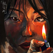 digital painting of a woman holding a lighter near her face in the style of a realistic oil painting.