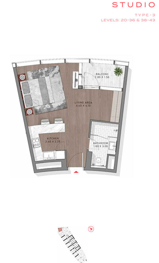 Safa Two studio apartment floorplan Distress Deal showing efficient 477 sq ft layout with balcony and canal-facing orientation