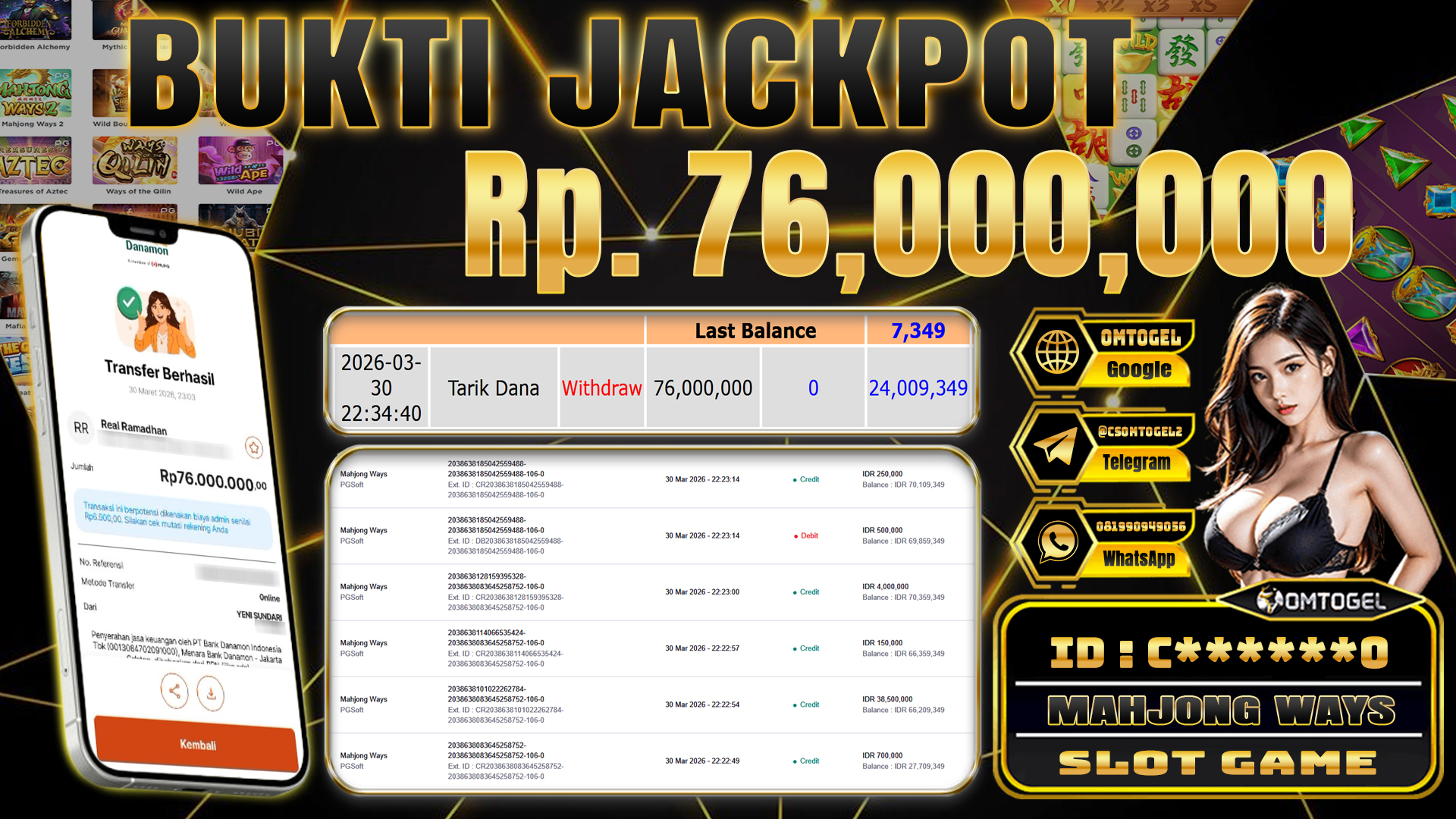 OMTOGEL JACKPOT PG SOFT MAHJONG WAYS, 76 JUTA DI BAYAR LUNAS ,-