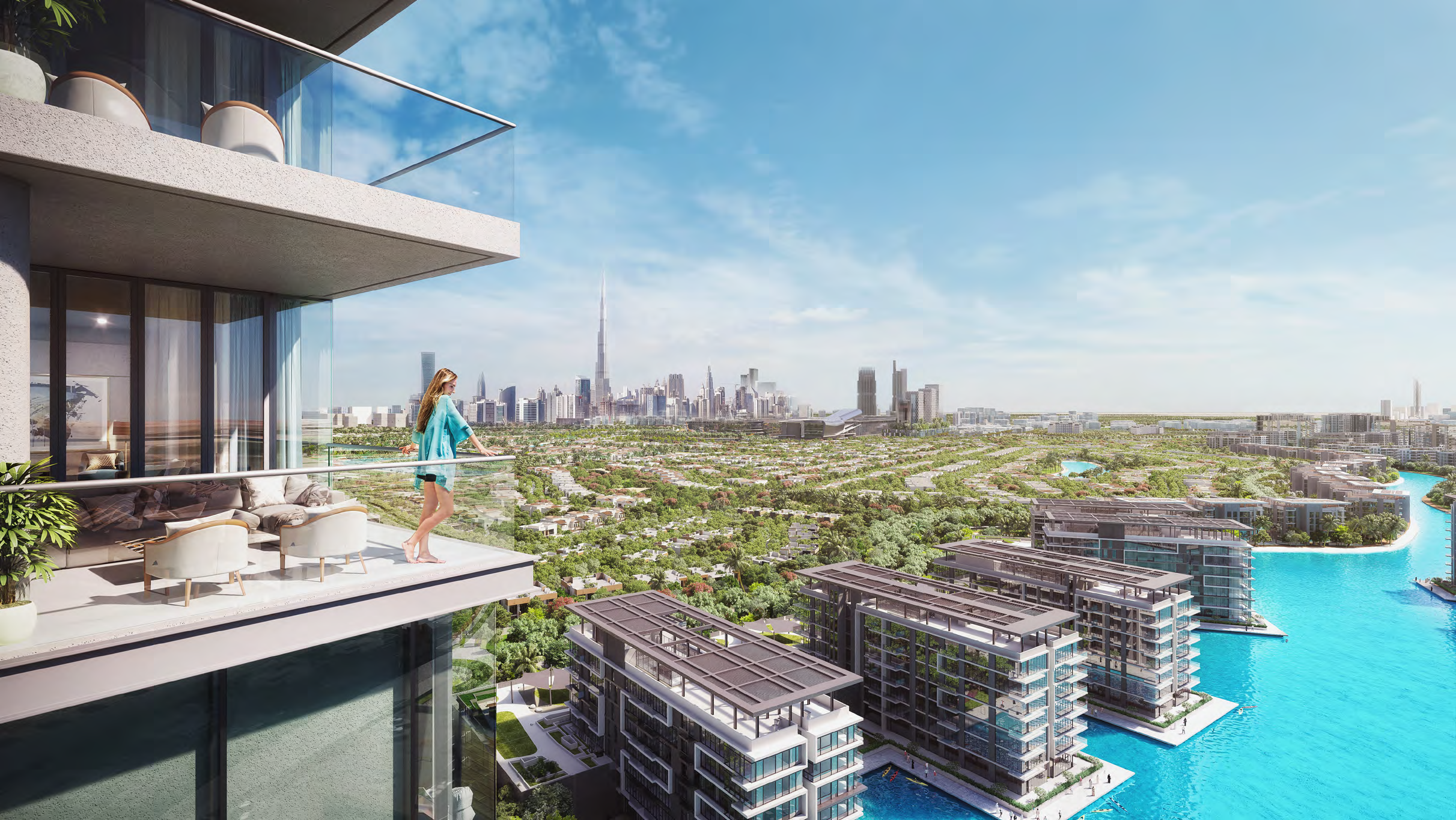 Lagoon Views by Nakheel exterior waterfront architecture in MBR City District One Phase 3 overlooking crystal lagoon, luxury Dubai development lifestyle rendering highlighting a 4-bedroom duplex Distress Deal opportunity