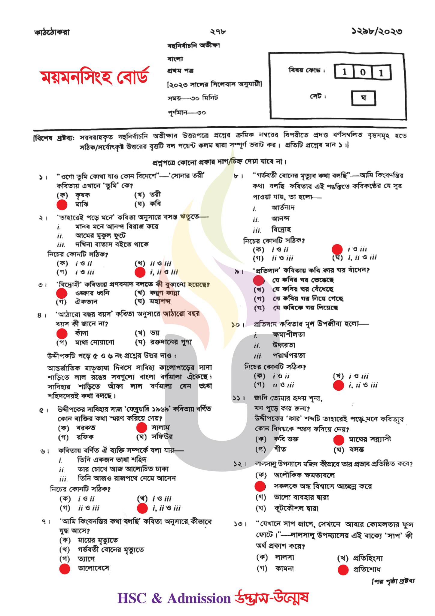 ময়মনসিংহ বোর্ড এইচএসসি বাংলা ১ম পত্র প্রশ্ন সমাধান ২০২৩