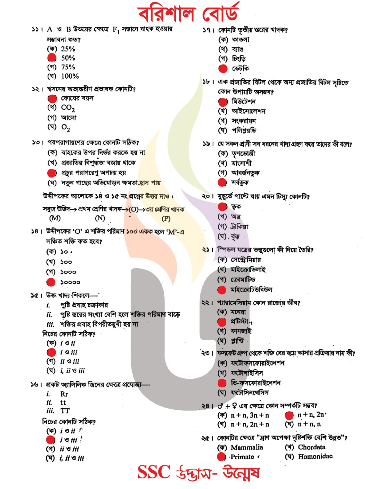 বরিশাল বোর্ড এসএসসি জীববিজ্ঞান প্রশ্ন সমাধান ২০২৬