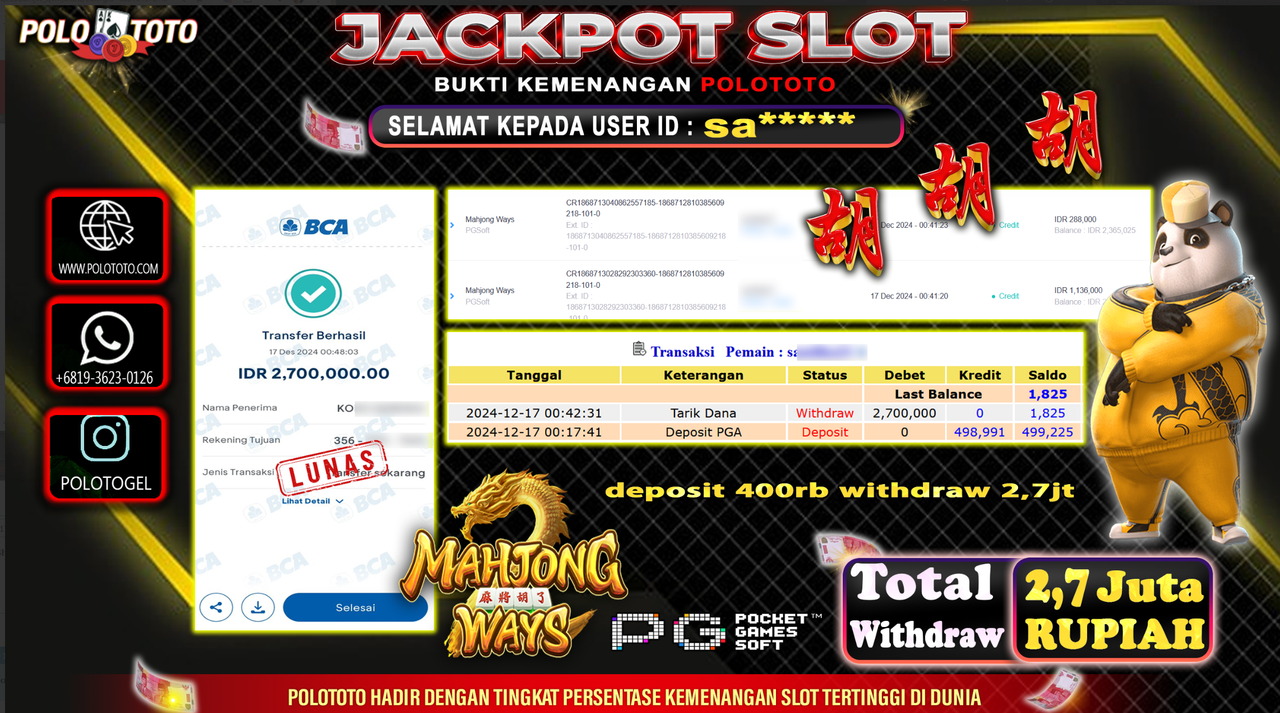 POLOTOTO JACKPOT SLOT MAHJONG WAYS Rp.2,700.000,-