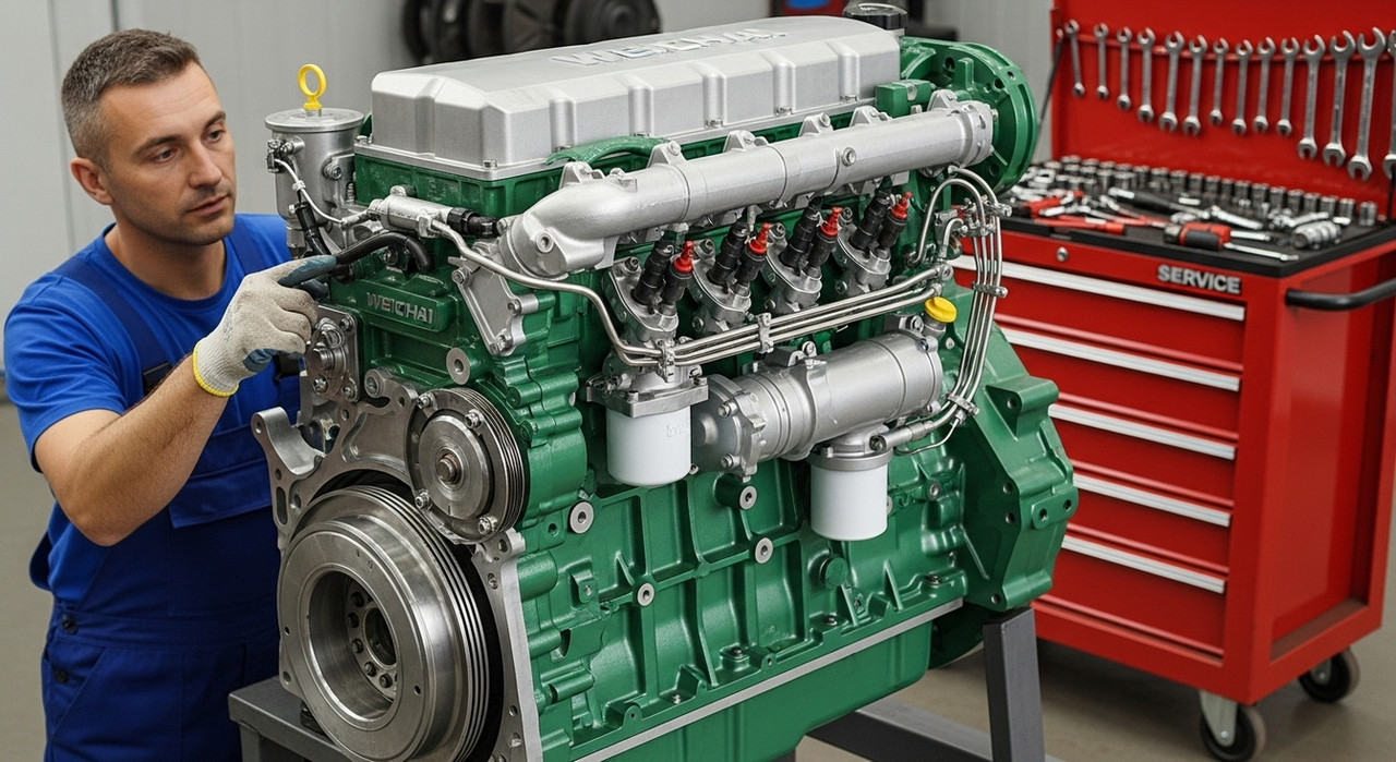 Дизельный двигатель Weichai на стенде в сервисе, механик показывает элементы топливной системы, для диагностики неисправностей форсунок и ТНВД