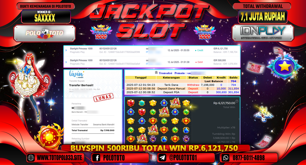 POLOTOTO JACKPOT SLOT STARLIGHT PRINCESS 1000 Rp.7.198.000,-