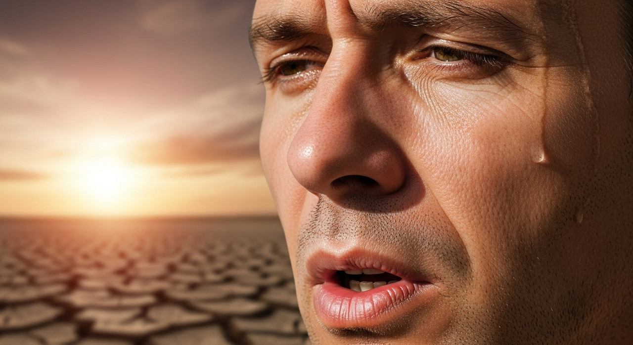 Лицо человека, страдающего от сухости и раздражения слизистой горла.