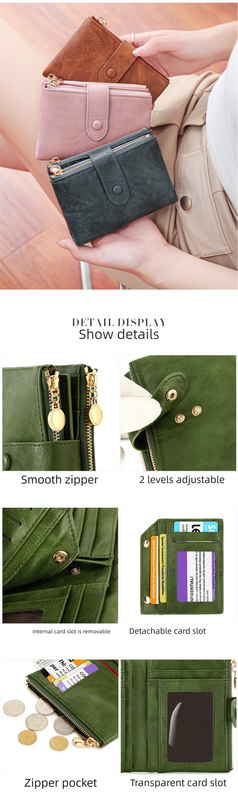 Ladies Compact Wallet Soft Vegan Leather Tri-Fold Purse Double Zipper Coin Pocket with Removable Card Holder High Capacity Multi Slots Pink