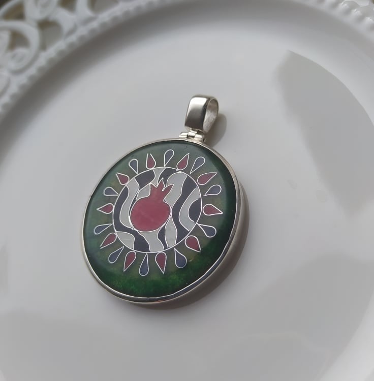  Minankari Pendant Pomegranate, Handmade Sterling Silver, Artisan from Tbilisi - handmade cloisonne enamel