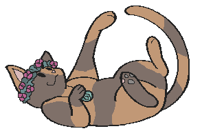 a small pixel drawing of Prosperity, a orange-brown tortieshell, playing on his back. he is wearing a pink wildflower crown and an aqua snailshell necklace. cat ID 6298