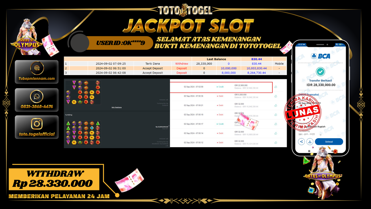 Bukti Pembayaran Permainan SLOT  Gates og olympus   Dengan ID : OK**9 LUNASS