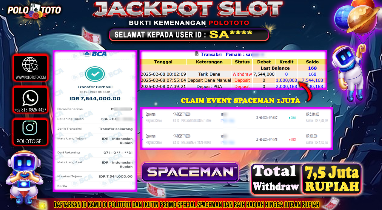 POLOTOTO JACKPOT SLOT SPACEMAN Rp.7,544.000,-