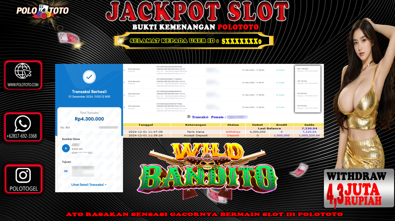 POLOTOTO JACKPOT SLOT WILD BANDITO Rp.4,300.000,-