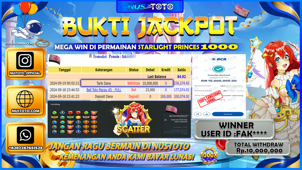 JACKPOT !! MENANG BESAR DI PASRRAN STARLIGHT PRINCESS  Rp. 10.000.000 LANGSUNG DI BAYAR LUNAS NUSTOTO !!
