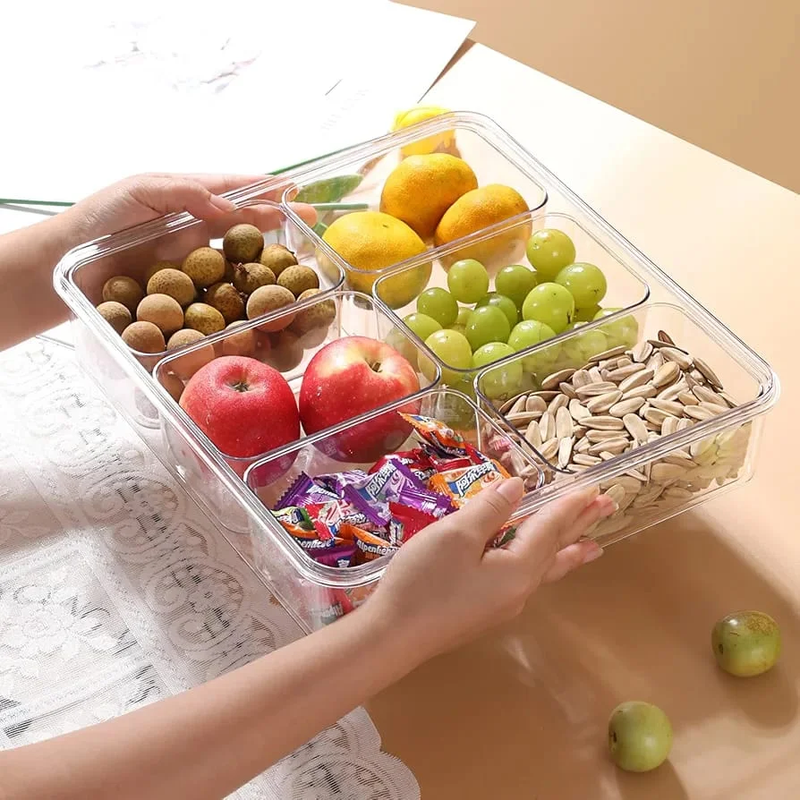 Multi-Grid Compartment Acrylic Storage Box with Airtight Locking Lid and Handle