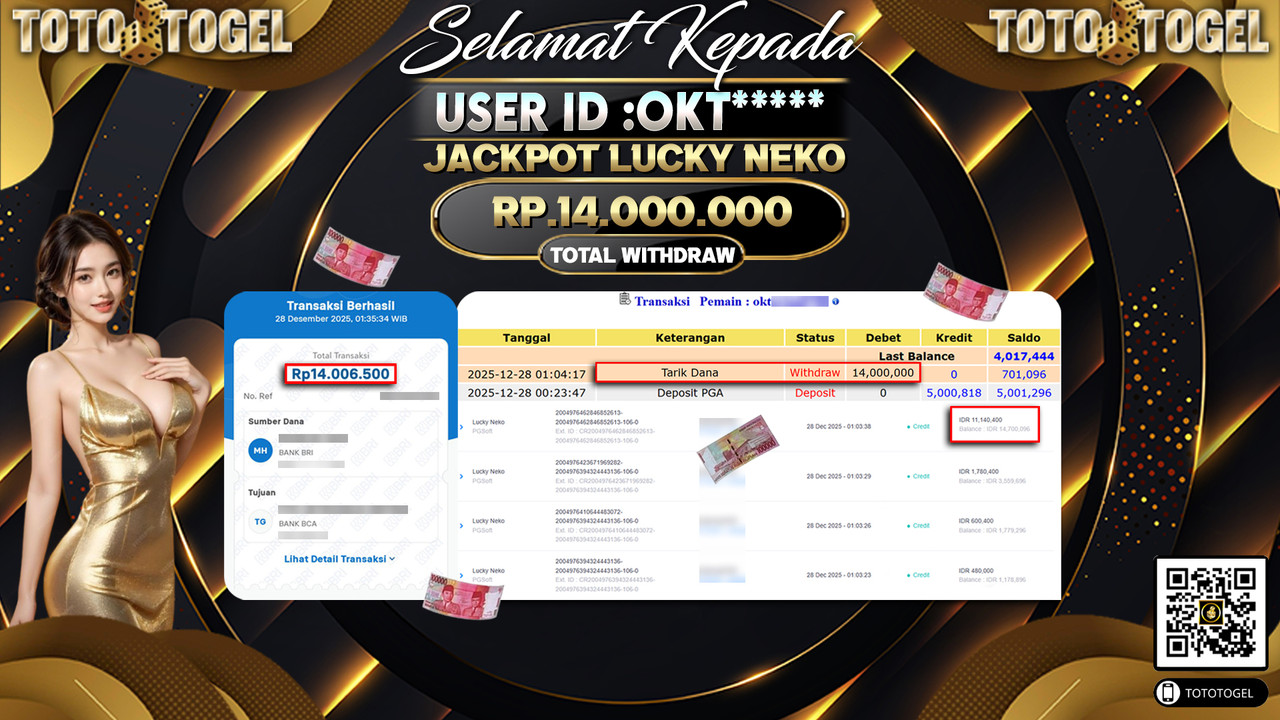 Bukti Pembayaran Jackpot Permainan Slot Lucky Neko ID:OKT**** LUNAS