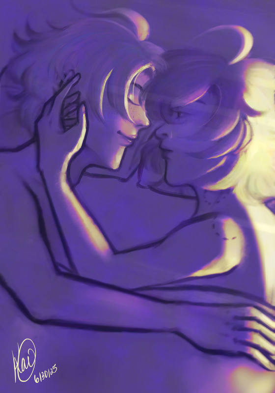 An illustration featuring Izanami Hifumi/Yumeno Gentaro (Hypnosis mic). They're lying in bed, facing each other. Hifumi is fast asleep with a smile on his face, an arm draped across Gentaro. Gentaro, awake, gazes at Hifumi with an unreadable expression. On his neck and shoulder are bite marks. He reaches out to Hifumi's face, not quite touching, as if afraid to break the moment. Light streams in, highlighting Hifumi but casting shadows on Gentaro.