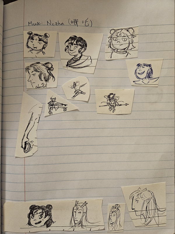 small sketches of Nezha pasted into a notebook