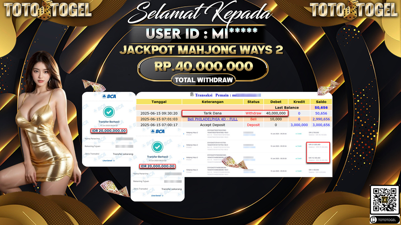 Bukti Pembayaran Jackpot Permainan Slot Mahjong Ways 2 ID:MI***** LUNAS