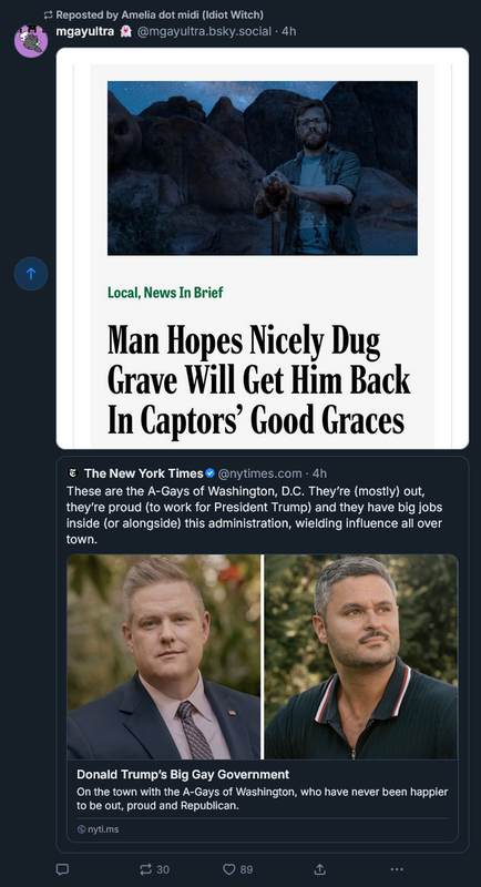 screenshot of a quote tweet on bluesky. the NYT posted an article about gays in the Trump admin, and @mgayultra quote tweeted with the Onion headline: "Man Hopes Nicely Dug Grave Will Get Him Back In Captors' Good Graces