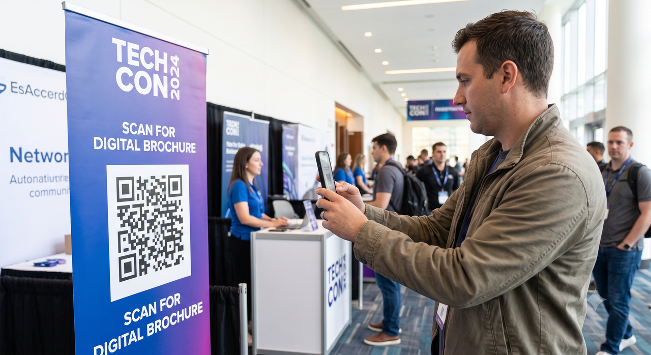 Trade show booth with scannable QR on display