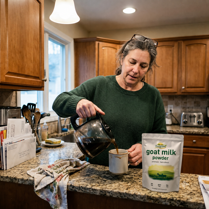Woman making coffee in her kitchen