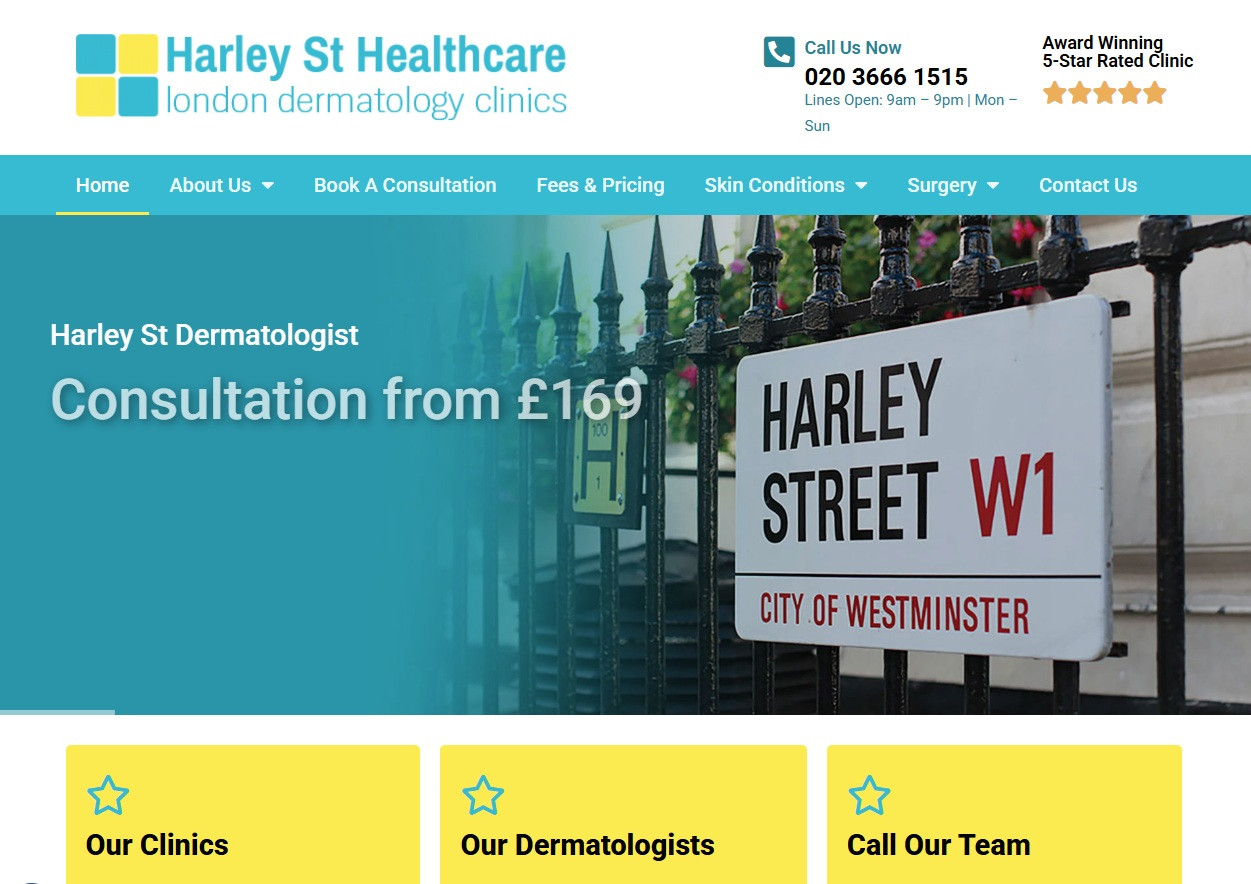 London dermatology clinics harley street sign and consultation info.