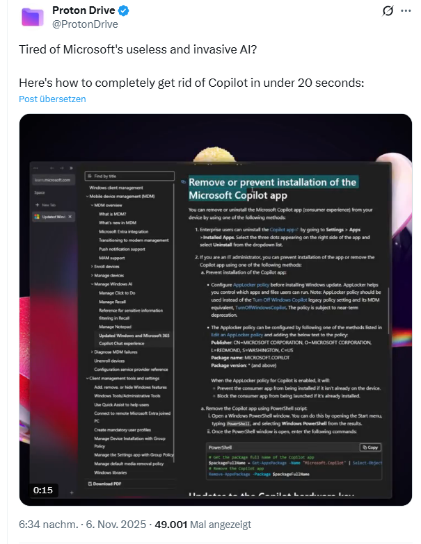 Proton Drive: Copilot in 20 Sekunden entfernen