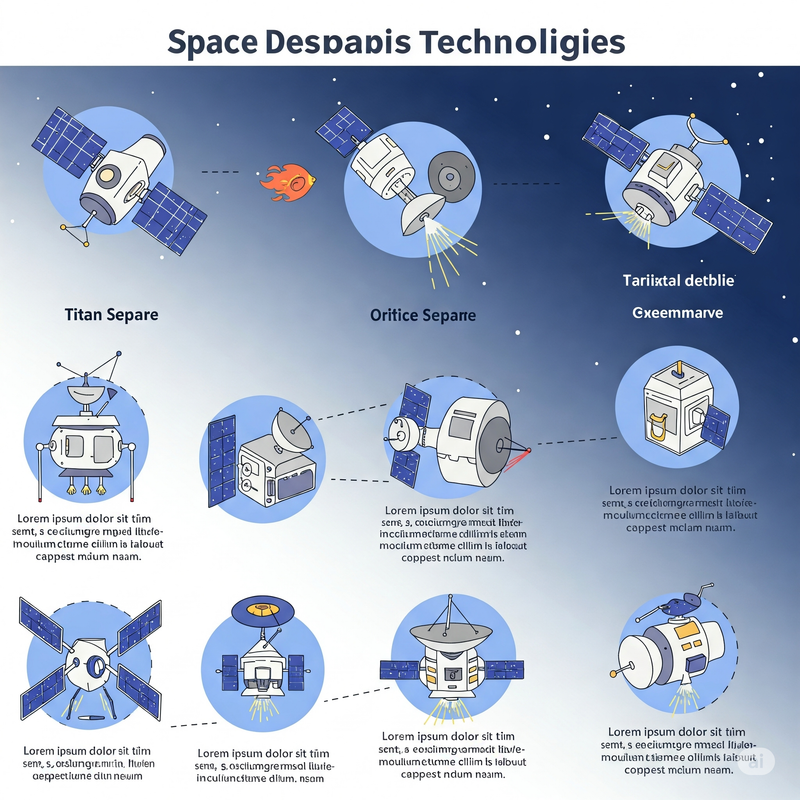 Infographic showing various types of space debris, including defunct satellites, rocket stages, and fragmentation debris of different sizes.
