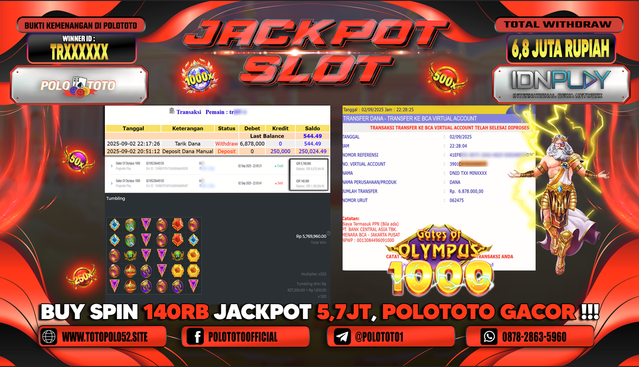 POLOTOTO JACKPOT SLOT GATES OF OLYMPUS 1000 Rp.6.878.000,-