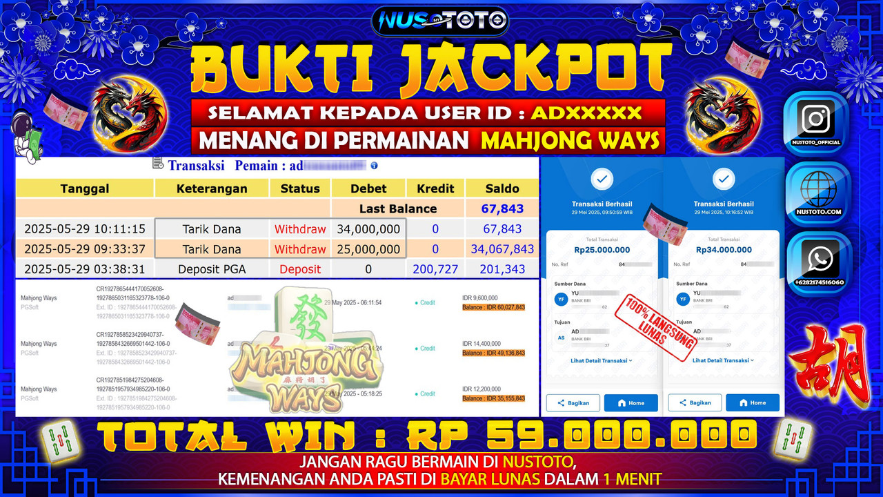 JACKPOT !! MENANG BESAR DI MAHJONG WAYS Rp. 59.000.000 LANGSUNG DI BAYAR LUNAS NUSTOTO !!