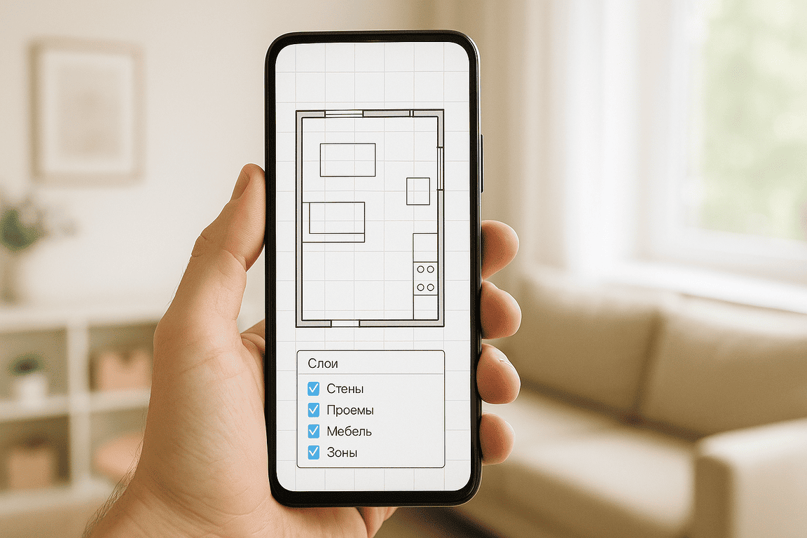 Рука держит смартфон, на экране стилизованный план комнаты