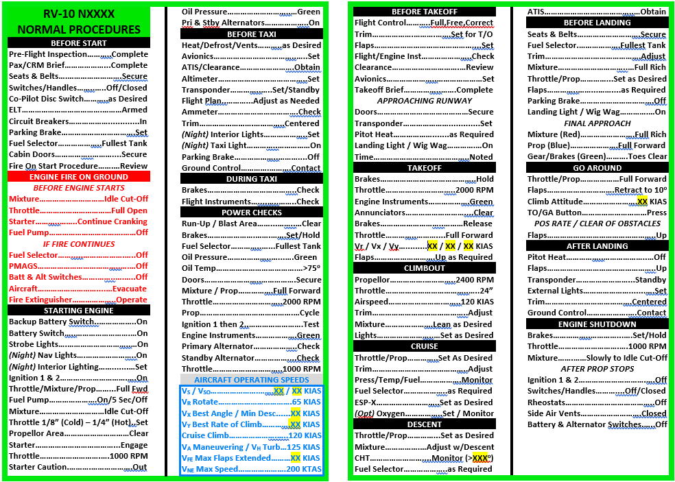 RV10 Checklists Van's Air Force