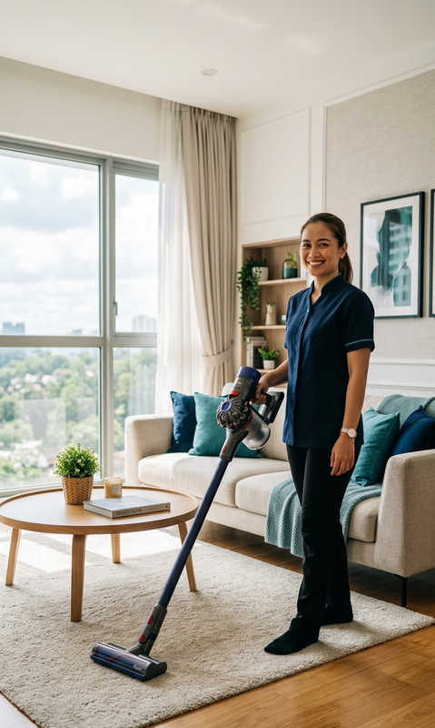 Cleaner professional Relax Lah sedang membersihkan ruang tamu moden