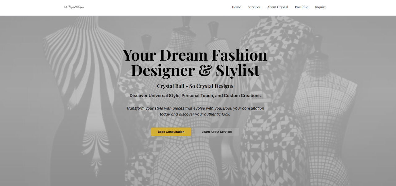 Portfolio and booking website for So Crystal Designs, a fashion designer and personal stylist
