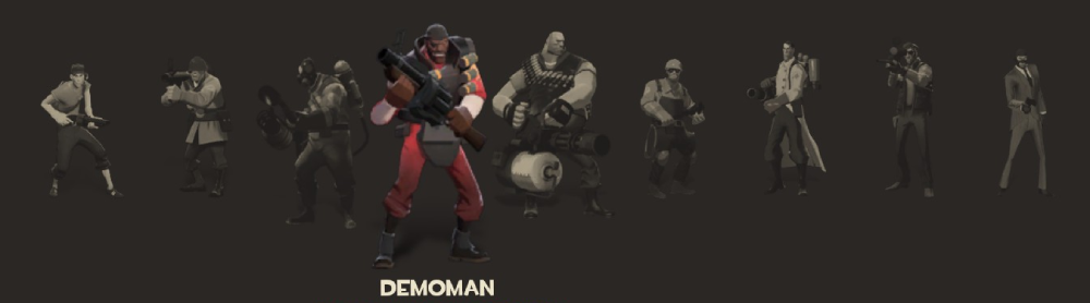character select in the loadouts screen from tf2, with demoman highlighted