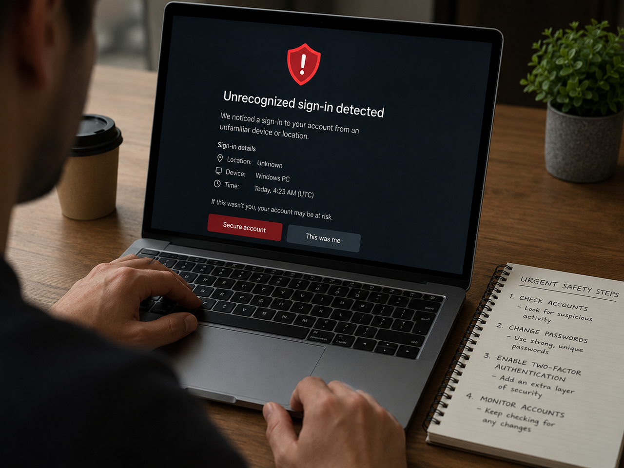 Account takeover warning showing suspicious login and identity misuse alert