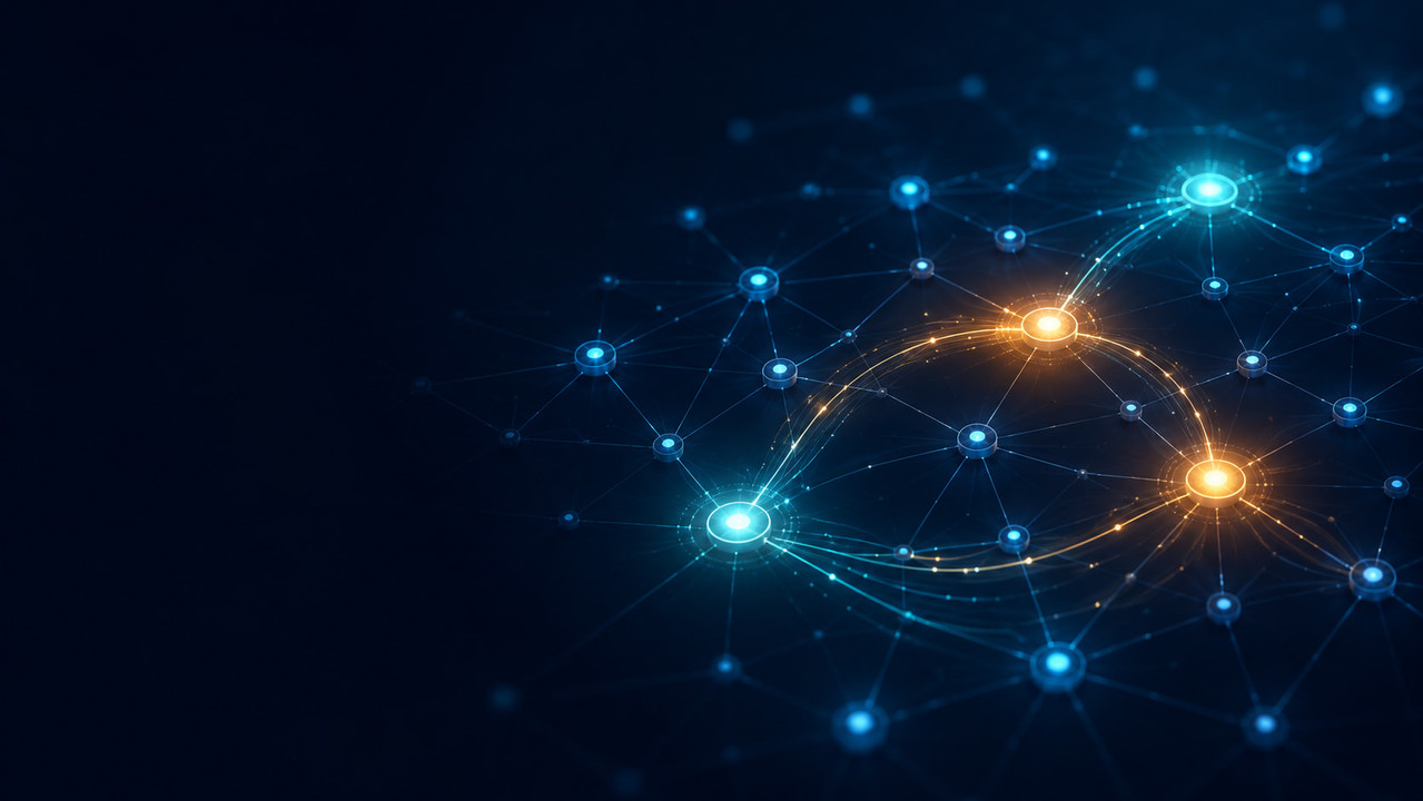 Abstract network mesh of glowing nodes connected by luminous lines, illustrating AI agents sharing memory across an engineering team.