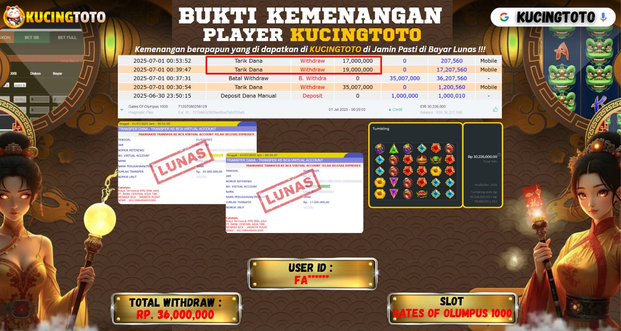 KUCINGTOTO JACKPOT SLOT GATES OF OLYMPUS 1000 RP.36.000.000.,- LUNAS