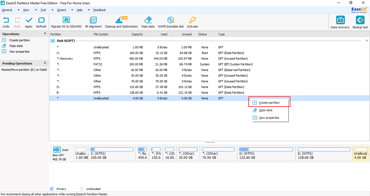 EaseUS Partition Master Free - Create new partition in 4GB