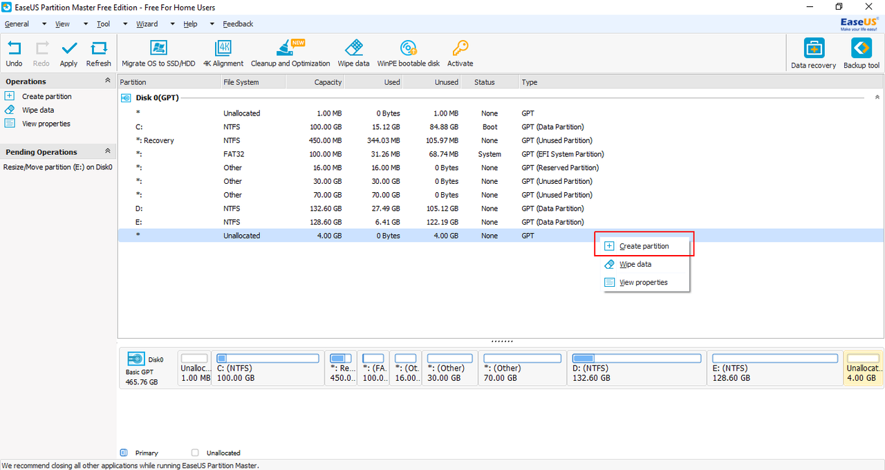 EaseUS Partition Master Free  - Create new partition in 4GB 